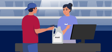 Vektortegning av en kunde som kjøper Mobil-olje