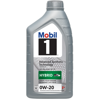 Grå 1-liters flaske Mobil 1 Advanced Synthetic 0W-20 hybrid motorolje
